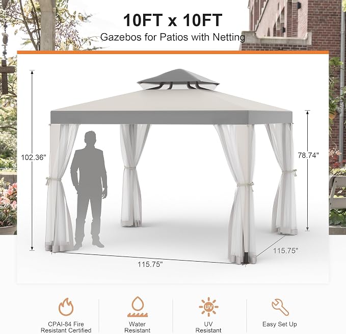 10’x10’ Patio Gazebo Canopy Tent w/Removable Netting, Ventilated Double-tier Top - Image 3