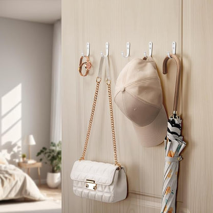 10Pcs Wall Hooks for Bathroom, Kitchen, Closet, and Garage - White Metal Hooks for Hanging Coats, Towels, Hats, Keys, Bags, and Coffee Cups - Holds Up to 40 lbs