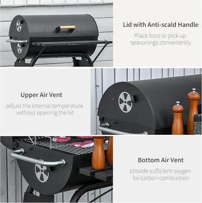 30 Inch Portable Barrel Charcoal Grill with Offset Smoker, Steel Outdoor BBQ Grill with Storage Shelves and Wheels, Charcoal Smoker Grill for Backyard, Camping & Picnic