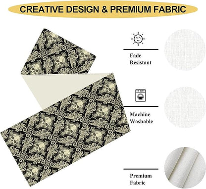 Skull Table Runner, Retro Antique Gothic Damask Pattern Classic Halloween Boho Black Coffee Vintage Table Center Decor for Kitchen and Dining Outdoor Home Country Party Table Decorations, 13"x90"