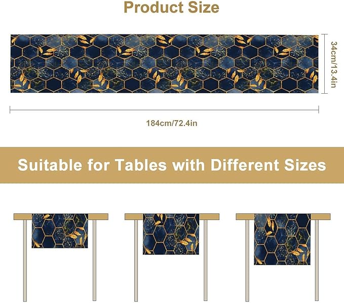 Marble Table Runner, Dark Blue Gold Modern Marble Leaf Aesthetic Geometric Table Runner for Indoor Home Living Room Party Dining Kitchen 13x90in