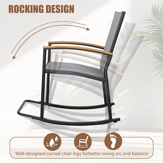 Shintenchi 3 Piece Outdoor Rocking Bistro Set, Textilene Fabric Small Patio - Image 4