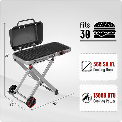Portable Propane Gas Grill with Folding Cart & 13000 BTUs Burner, 360 Sq. In. Cast Iron Cooking Grates, Side Table, 8" Wheels, Stainless Grease Tray, Black Includes Propane Adapter Hose.
