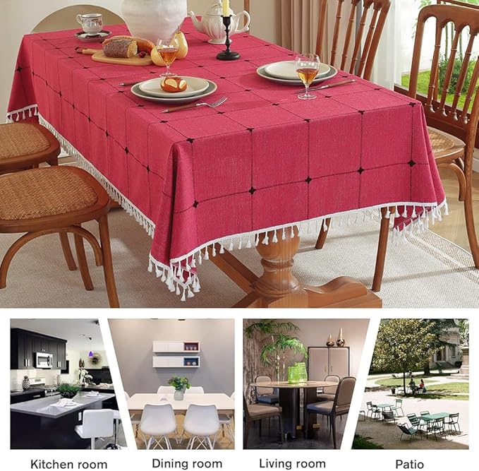 Pahajim Rustic Linen Tablecloth Cotton Rectangle Table Cloth for Kitchen Dining with Tassel Plaid Waterproof Tablecloths Rectangle/Oblong,55''x94'', 6-8 Seats