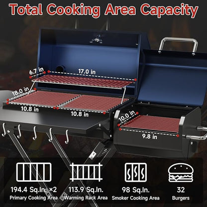 Portable Charcoal Grill with Smoking Function, Foldable Suitcase Design with Wheels, Multi-Tier Storage Rack & Waterproof Cover for Outdoor BBQ Parties (Blue)