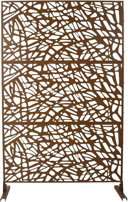 Outdoor Decorative Metal Privacy Screen Panel, 48" L x 16" W x 76" H, Steel Partition for Garden, Patio, and Backyard, Freestanding with Stable Base, Modern Geometric Design, Brown