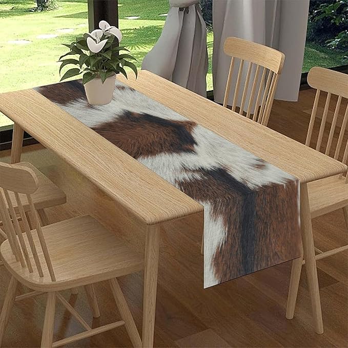 Cow Print Table Runner, Brown Cowhide Print Western Style Table Runner Country Farmhouse Cottage Cow Pattern Linen Table Decoration for Home Kitchen Dining 13x90
