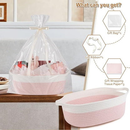 OIAHOMY Gift Basket Empty with Handle, 13.4"x 10"x 5.5" Small Woven Basket with Gift Bag, Ribbon and Wrap Tissue Paper, Dog Toy Storage for Organizing - Pink & White