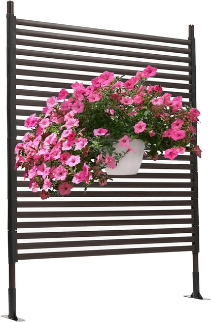 Outdoor Freestanding Privacy Screen, 43" W x 59" H Metal Slatted Decorative Panel With Stand, Brown Backyard Screen for Garden Patio