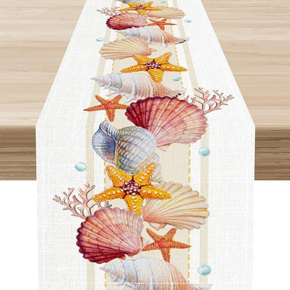 Coastal Table Runner, Yellow Coastal Starfish Coral Shell Pearl Beach Ocean Watercolor Summer Coffee Table Center Decor for Holiday Party Kitchen Outdoor Farmhouse Table Decorations, 13" X 36"