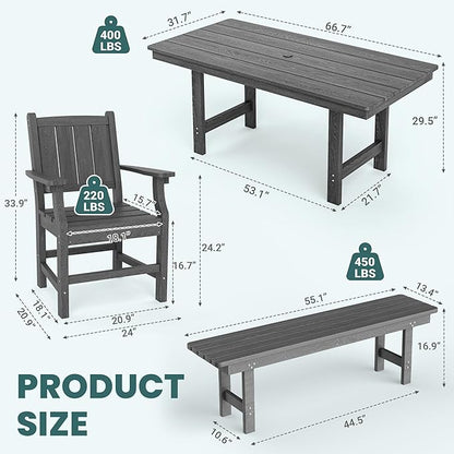 Pamapic 5 PCS Outdoor Dining Set, Spacious HDPE Outdoor Table and Chairs with 2 Bench, Wood Grain Patio Furniture Sets with Elegant Armrest, All-Weather Outdoor Furniture with Umbrella Hole, Gray