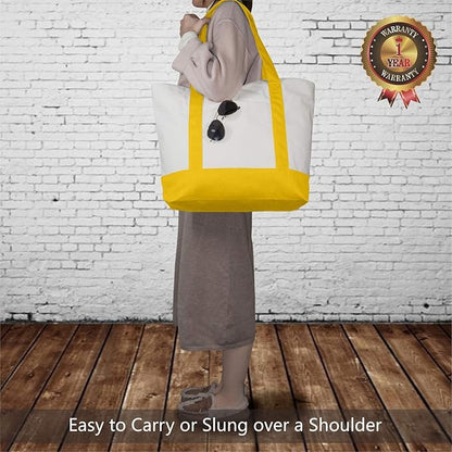 TOPDesign 3-Pack Canvas Tote Bags with an External Pocket, Reusable Grocery Shopping Bags, Top Zipper Closure, Daily Essentials (Yellow/Natural)