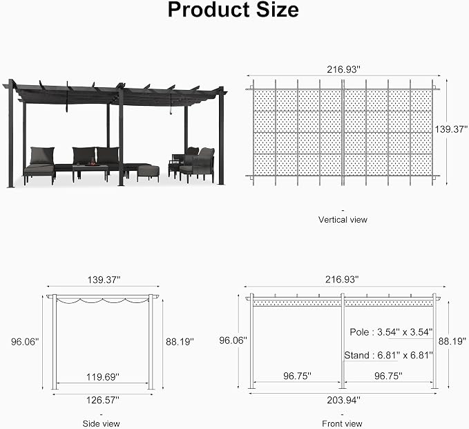 PURPLE LEAF Outdoor Pergola 12' X 18' Retractable Canopy Aluminum, Custom Shade - Image 7