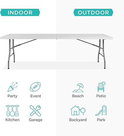Best Choice Products 8ft Plastic Folding Table, Indoor Outdoor Heavy Duty Portable w/Handle, Lock for Picnic, Party, Pong, Camping - White