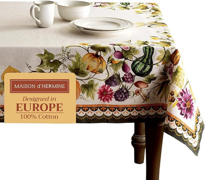 Maison d' Hermine Table Cloth Rectangle Table 100% Cotton 60 x 90 Inches Fall Tablecloth Reusable Everyday Use for Thanksgiving Christmas Decorations Dining Farmhouse (Pumpkin Garden - Cloudy Cream)