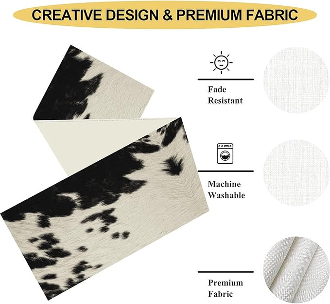 Cow Print Table Runner, Black Cowhide Print Western Style Table Runner Country Farmhouse Cottage Cow Pattern Linen Table Decoration for Home Kitchen Dining 13x36