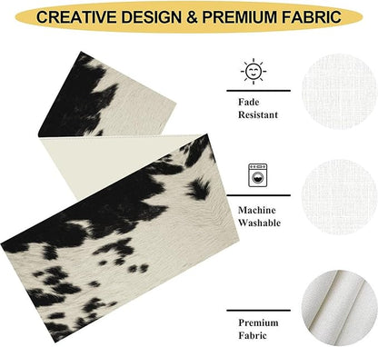 Cow Print Table Runner, Black Cowhide Print Western Style Table Runner Country Farmhouse Cottage Cow Pattern Linen Table Decoration for Home Kitchen Dining 13x72