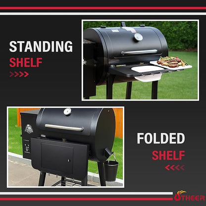 Front Folding Grill Shelf for Pit Boss 700DX, 700FB, 700FB2 & 800FB2, 23.6" × 12.2" Prep Station with Foldable Basin 4-Layer Steel Build, Cutting Board & 5 Hooks,Cover-Friendly Design (Not for 700FB1)