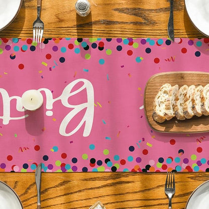 Artoid Mode Polka Dot Pink Happy Birthday Table Runner, Seasonal Kitchen Dining Table Decoration for Home Party Decor 13x90 Inch