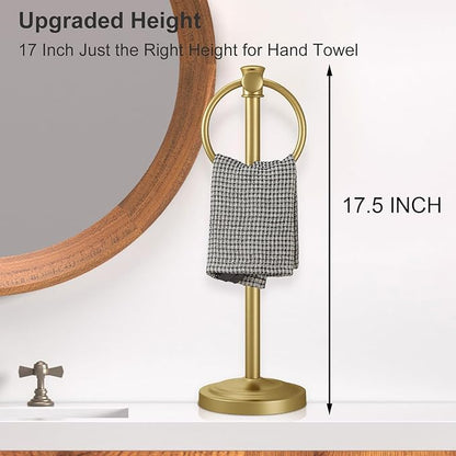 Hoimpro 17 Inch Stand Hand Towel Holder Towel Bar Towel Hanging Ring, Free Standing Floor Hand Towel Rack Storage for Bathroom Kitchen Vanity Countertops, Hardware Accessories(Brushed Gold)
