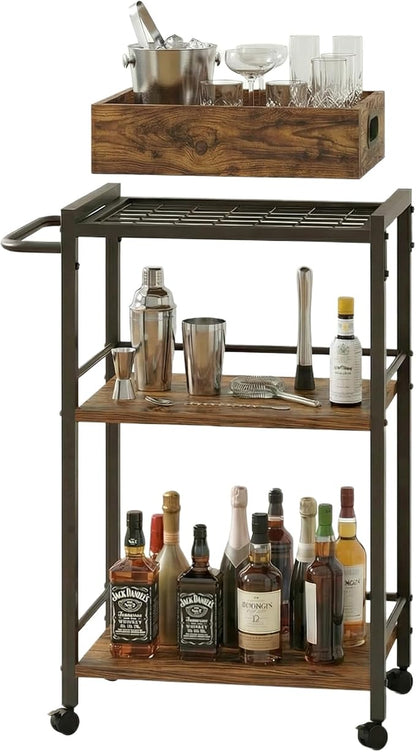 3-Tier Bar Cart for The Home, Rolling Cart with Wheels and Handle, 3-Tier Serving Cart with Removable Tray, Kitchen Carts on Wheels with Storage