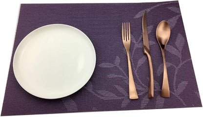Gugrida Place Mats PVC Set of 6, Table Placemats Set of 6 PVC Woven Vinyl Place Mats Table Mats Natural Color (6 pcs, Purple Leaves)