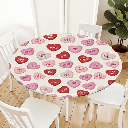 Valentines Day Round Fitted Tablecloth with Elastic Pink Red Love Hearts Circle Table Cloth for 36-40" Round Tables Wipeable Waterproof Valentines Decorative Table Cover for Picnic Dining Party Decor