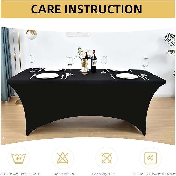2-Pack 4ft Black Spandex Table Covers for Rectangular Folding Tables - Wrinkle Resistant Stretch Tight Table Cloths - Ultimate Fitted Table Protector for Parties, Banquet, and Wedding