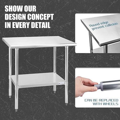 Hally Stainless Steel Table for Prep & Work 24 x 36 Inches, NSF Commercial Heavy Duty Table with Undershelf and Galvanized Legs for Restaurant, Home and Hotel