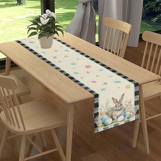 Easter Table Runner,Vinatge Black Plaid Rabbit Easter Eggs Butterflies Floral Spring Table Center Decor for Family Kitchen and Living Room Outdoor Farmhouse Party Table Decorations, 13"x72"