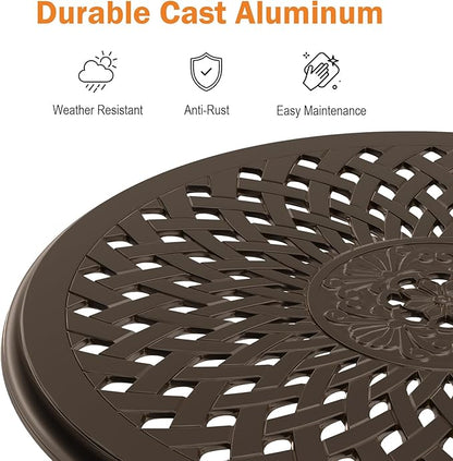 Cast Aluminum Outdoor Side Table, All Weather Round Bistro Table, Outdoor Coffee Table, Small End Table for Patio, Indoor, Lawn, Garden, Bronze