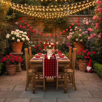 Valentine’s Day Love Heart Red Black Buffalo Plaid Table Runner 13x72 Inch Seasonal Holiday Kitchen Dining Tabletop Runners for Anniversary Mantel Party Indoor Outdoor Decoration