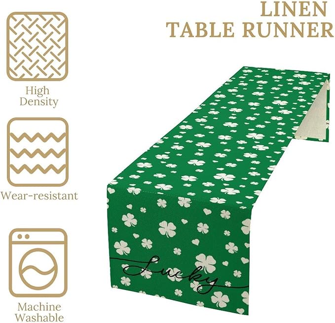 Clover Table Runner,Retro Rustic Green White Clover Seasonal Spring St.Patrick's Day Table Center Decor for Home Kitchen Dining Patio Holiday Party Indoor Table Decorations, 13"x90"