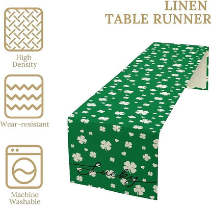 Clover Table Runner,Retro Rustic Green White Clover Seasonal Spring St.Patrick's Day Table Center Decor for Home Kitchen Dining Patio Holiday Party Indoor Table Decorations, 13"x90"