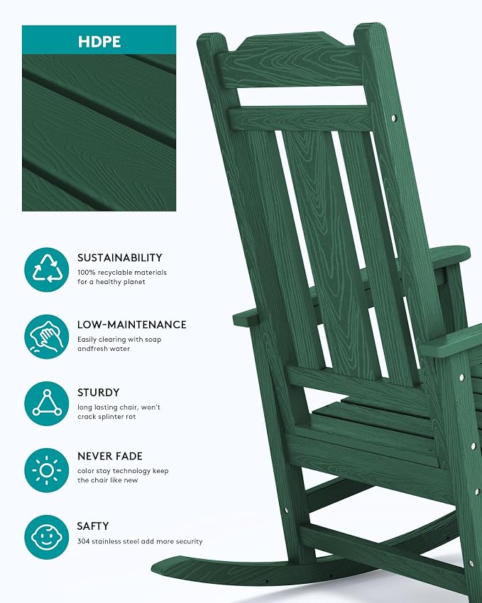 SERWALL Oversized Outdoor Rocking Chair, Patio HDPE Rocking Chair, All Weather - Image 7