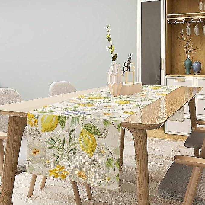 Vintage Lemon Blossom Table Runner Seasonal Spring Summer Floral Farmhouse Dining Table Decoration for Home Holiday Party Dresser Kitchen Cabin Restaurant Wedding Decor 13×36in