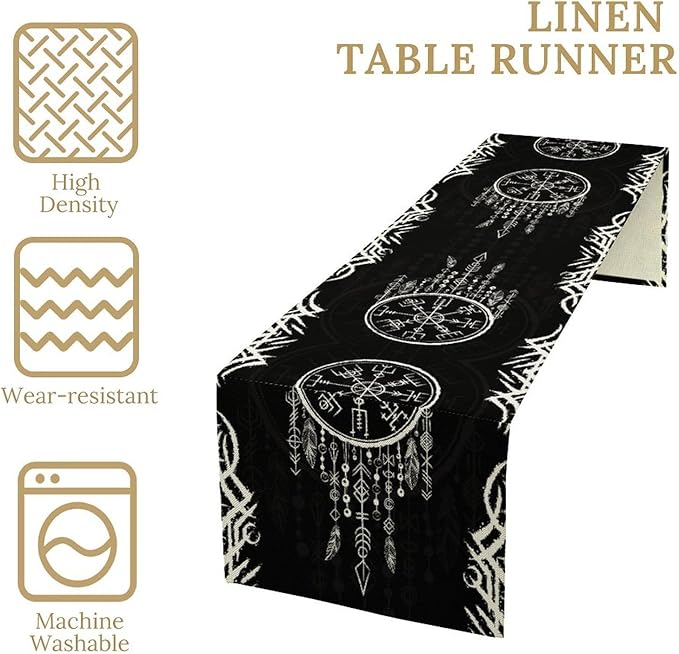 Viking Table Runner, Nordic Ancient Mythical Runes Print Table Runner for Home Dining Kitchen Coffee Table Party 13x60in