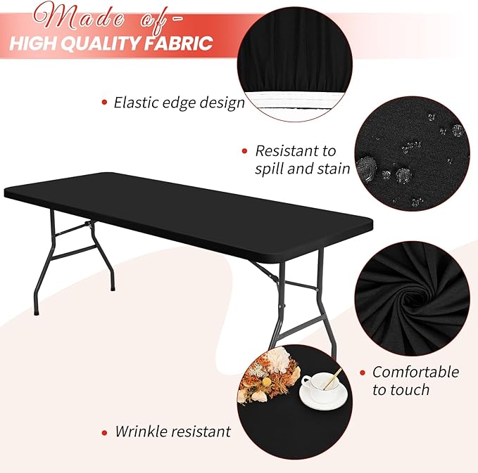 6 Pack Stretch Fabric Table Top Cap Cover, fits 6Ft Tables, Spandex Table Covers Washable Elastic Universal Rectangle Tablecloth Protector for Indoor Outdoor Party Picnic Wedding, Black, 30" W x 72" L