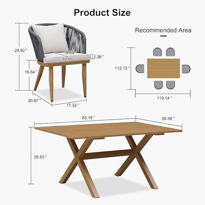 PURPLE LEAF 7 Pieces Patio Dining Set Wicker Outdoor Furniture Rectangular Table and Chairs Set for Garden Deck Teak-Finish Aluminum Frame Backyard Kitchen Set, Cushions and Pillows Included