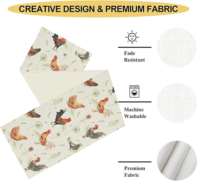 Farmhouse Rooster Table Runner, Rustic Farm Animals Cow Pig Chicken Coffee Table Center Decor for Home Kitchen Dining Patio Holiday Party Indoor Outdoor Table Decorations, 13"x72" Inch