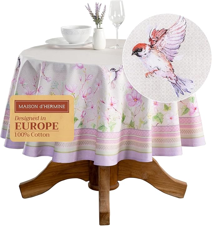 Maison d' Hermine Table Cloth Round Table 100% Cotton 63 Inches Tablecloth Reusable Decorative Everyday Use for Dining Room, Farmhouse, Home, Party, Festive & Wedding Spring Summer - Magnolia Mornings