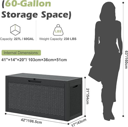 Outdoor Storage Box, 60 Gallon Outside Deck Box Waterproof,Resin Outdoor Storage Cabinet With Lockable Lid,Backyard Storage Bench For Garden Tools,Patio Cushions, Pool Tools, Package Delivery