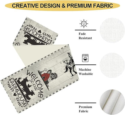 Farmhouse Cow Table Runner, Rustic Rooster Sheep Black White Plaid Animals Farm Coffee Table Center Decor for Home Kitchen Dining Patio Holiday Party Indoor Outdoor Table Decorations, 13"x108"