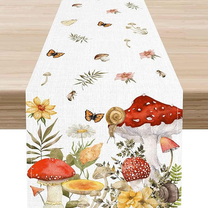 Mushroom Table Runner, Rustic Farmhouse Forest Plants Botanical Wildfloral Coffee Table Center Decor for Home Kitchen Dining Patio Holiday Party Indoor Outdoor Table Decorations, 13"x36" Inch