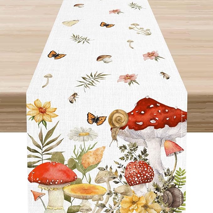 Mushroom Table Runner, Rustic Farmhouse Forest Plants Botanical Wildfloral Coffee Table Center Decor for Home Kitchen Dining Patio Holiday Party Indoor Outdoor Table Decorations, 13"x90" Inch
