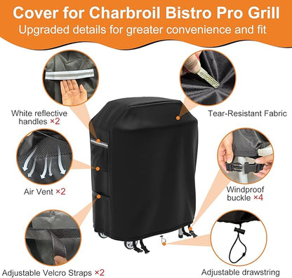 Grill Cover for CharBroil Bistro Pro Electric Grill Griddle,Heavy-Duty 600D Waterproof BBQ Griddle Cover with White Reflective Handles for Char-Broil Models 25302145 25302146