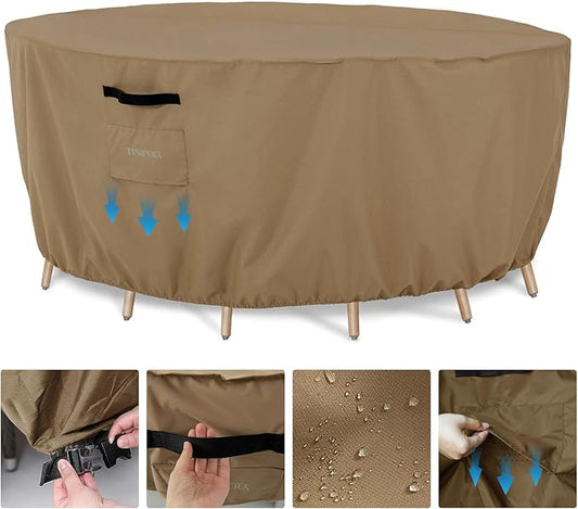 Tempera Round Patio Furniture Cover - Outdoor Table & Sectional Sofa Set Cover, Tear Resistant & Anti-UV, Waterproof - 72"D x 27.8"H, Taupe