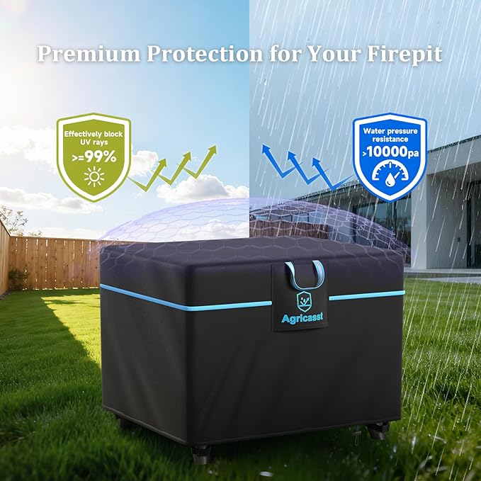 Square Fire Pit Cover for 29-32 Inch Fire Pit, 600D Heavy Duty Fire Table Cover Waterproof Patio Firepit Cover with Air Vent, Handle, 4 Windproof Buckles, Drawstring - 32''L x 32''W x 25''H