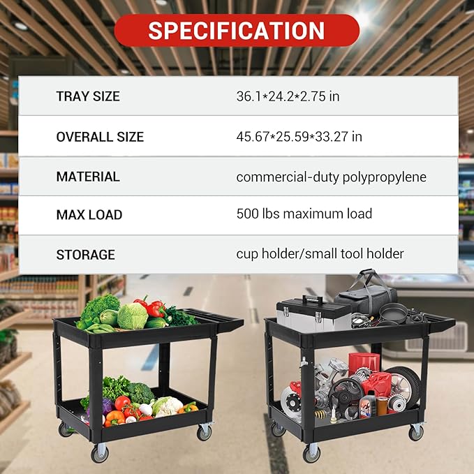 Service Cart 2-Shelf, Storage Handle, 500 lbs Capacity, for Warehouse/Garage/Cleaning/Manufacturing，45"X25" Black