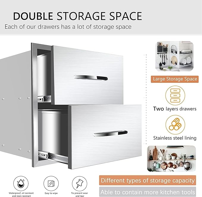 Outdoor Kitchen Drawers, Flush Mount Triple Access BBQ Drawers With Stainless Steel Handle, BBQ Island For BBQ Island Patio Grill Station,Double Drawers